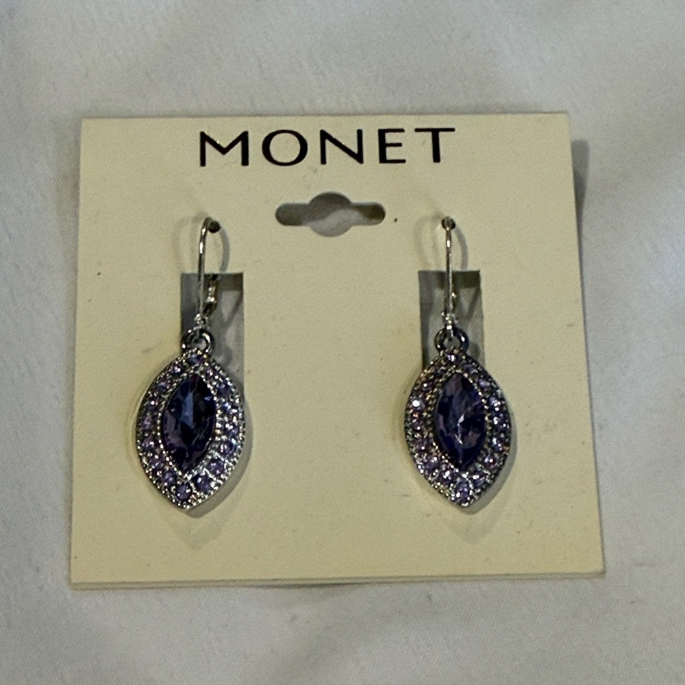 Monet Silver Tone Marquise Drop Earrings with Purple Crystal